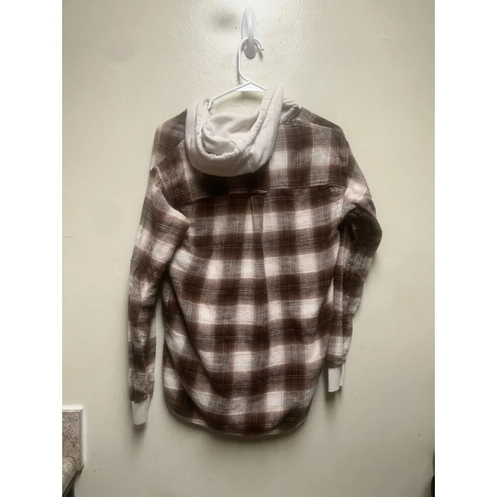 American Eagle Brown Plaid Hooded Flannel shacket Button Down oversize XS - Picture 5 of 7